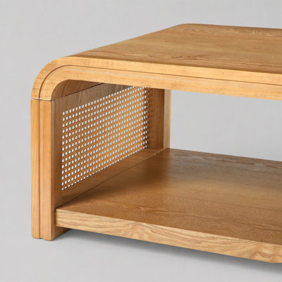 Table basse rectangulaire incurvée avec côtés en rotin, table centrale en bois à 2 niveaux avec rangement, table basse bohème style ferme