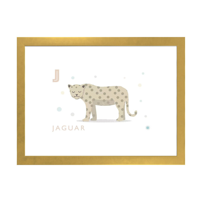 Jaguar - impression d'art graphique, H 24 po x l 32 po x P 1 po, Papier encadré doré, Blanc