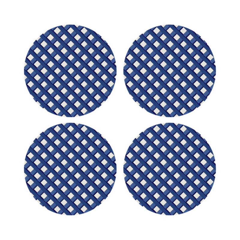 Timothy Corrigan Jardin Francais Green Vegan Leather Round Coasters, Blue