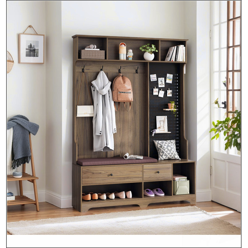Arbre d'entrée polyvalent avec banc d'entrée en lin amovible, portemanteau, tablettes de rangement et panneau perforé pour le couloir et le salon