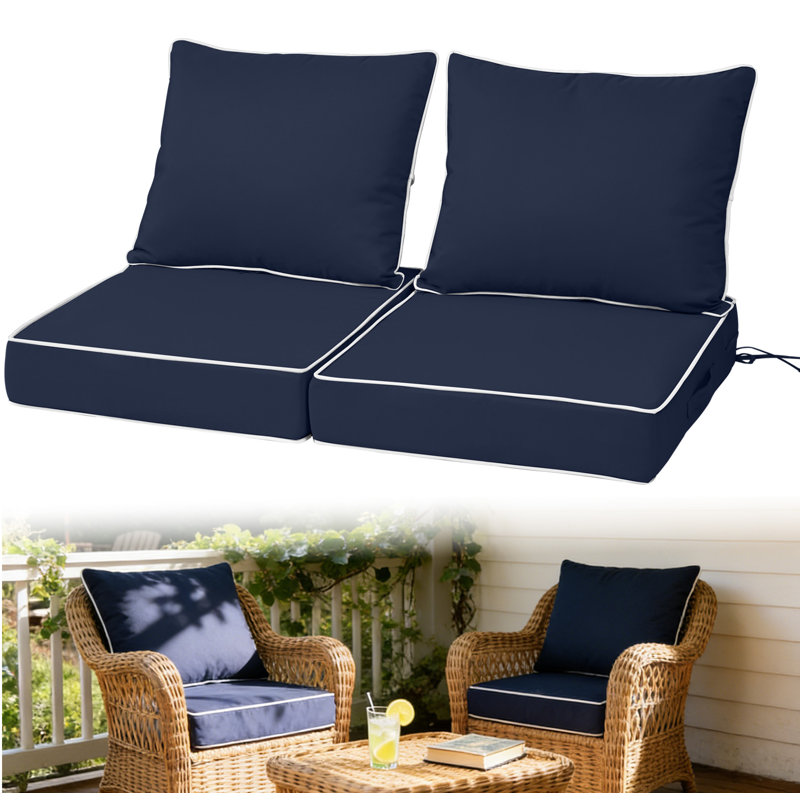 Fade Resistant Outdoor Chair Cushions Set Of 2, Deep Seat Patio Cushions 25.6 X 25.6 With Removable Cover, 28D High Resilience Foam Replacement Outdoor Seat Cushions With For Sofa, Adirondack Chair, Sectional,Navy Blue