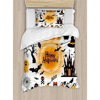 Halloween All Hallows Day Objects Haunted House Owl and Trick or Treat Candy Duvet Cover Set -  Ambesonne, nev_18818_twin