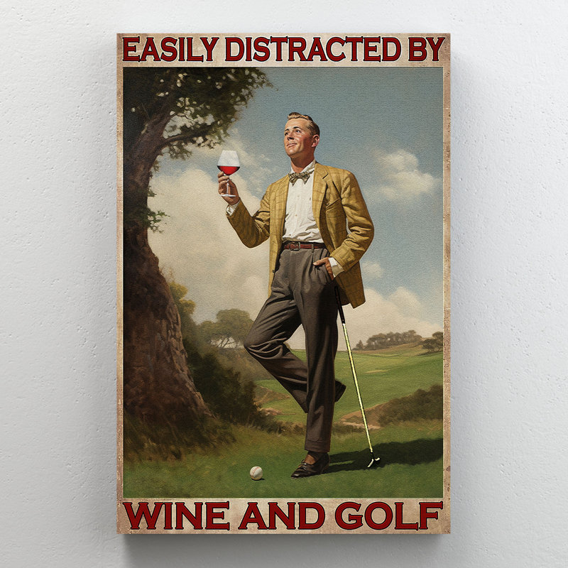 «Man jouant au golf - facilement distrait par le vin et le golf», impression sur toile tendue, H 10 po x l 8 po x P 1,25 po