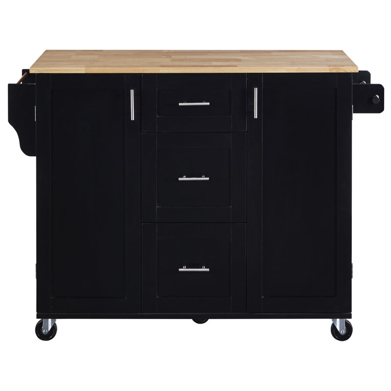 Chariot de cuisine avec étagère de rangement en bois d'hévéa, Black