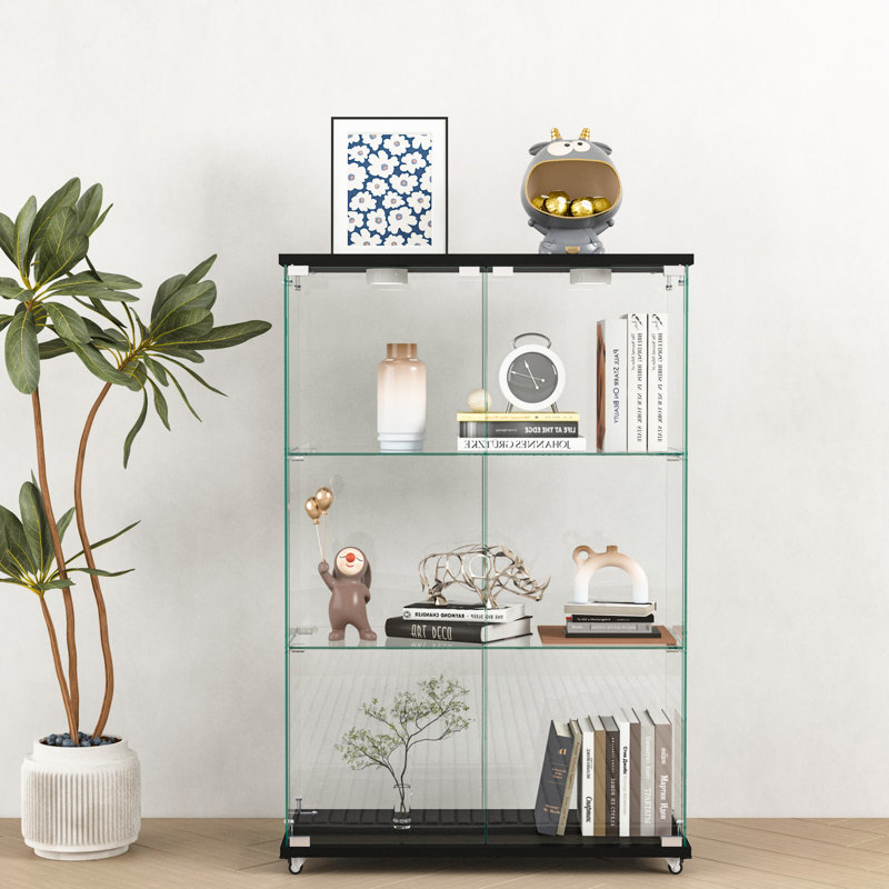 Accent Cabinet, Modern Glass Display Cabinet With Led Lights, Tempered Glass Bookshelf With 3-Shelf, Transparent/Black