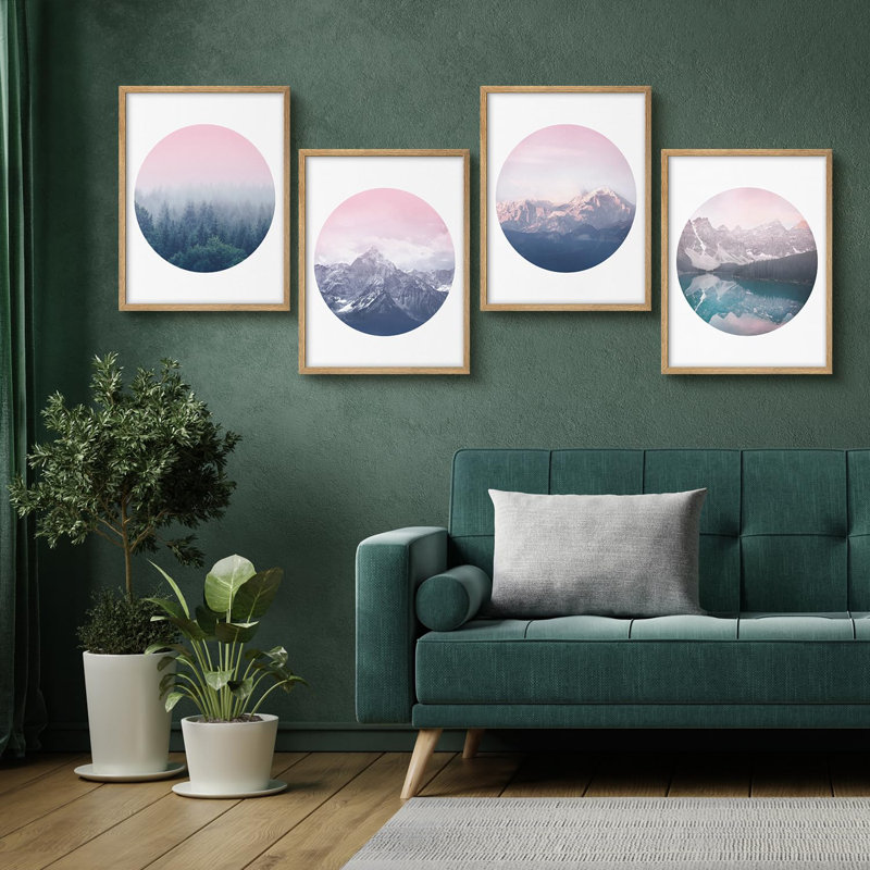 "Rose et bleu, paysage de montagne, œuvre d'art moderne minimaliste", 4 pièces, H 10 po x l 8 po, Naturel