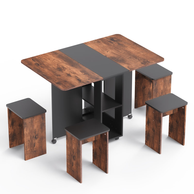 Ensemble de table pliante pour 4 personnes avec chaises, tablette de rangement et roulettes., Noyer / noir, Noyer / noir