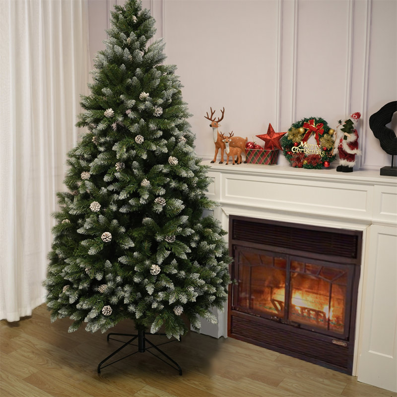 White Sprayed Christmas Tree With Pinecones, 7FT, Not Pre-Lit