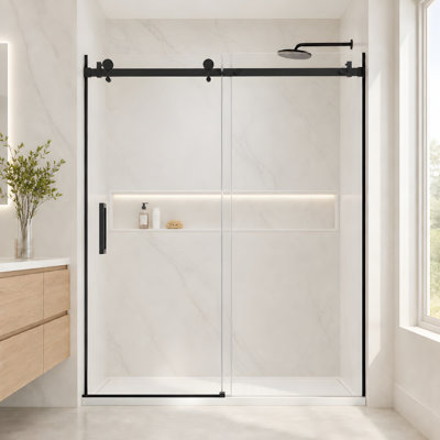 Porte de douche coulissante simple sans cadre l 54 po x H 74 po avec verre trempé transparent de 8 mm LYM-07-MB-8 Noir mat