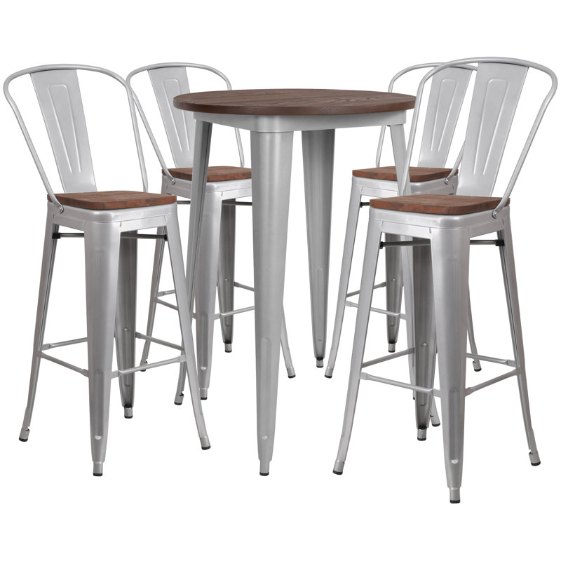 Ensemble de table de bar ronde en métal 30 po avec plateau en bois et 4 tabourets Lafonya, Argent