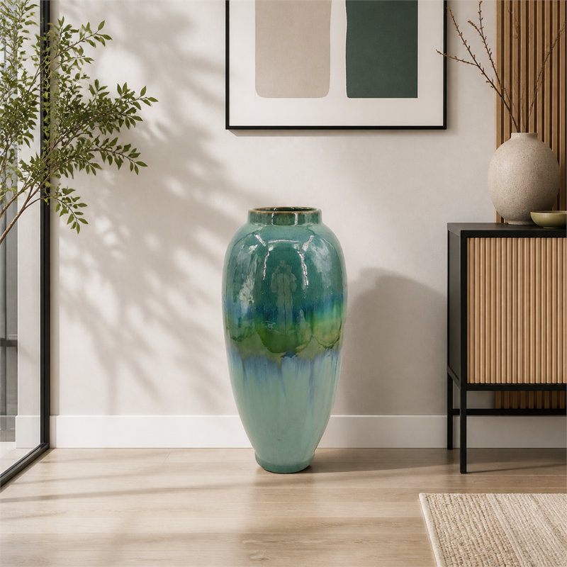 Blue and Green Reactive Glaze Ceramic Vase（7.05 × 7.05 × 15.95 inches）