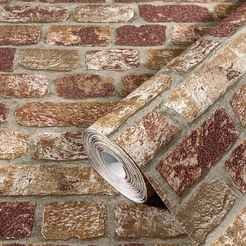 Ninti Industrial Effects Glass Stone Brick Effect Wallpaper Roll 10.05m x 53cm, Tan