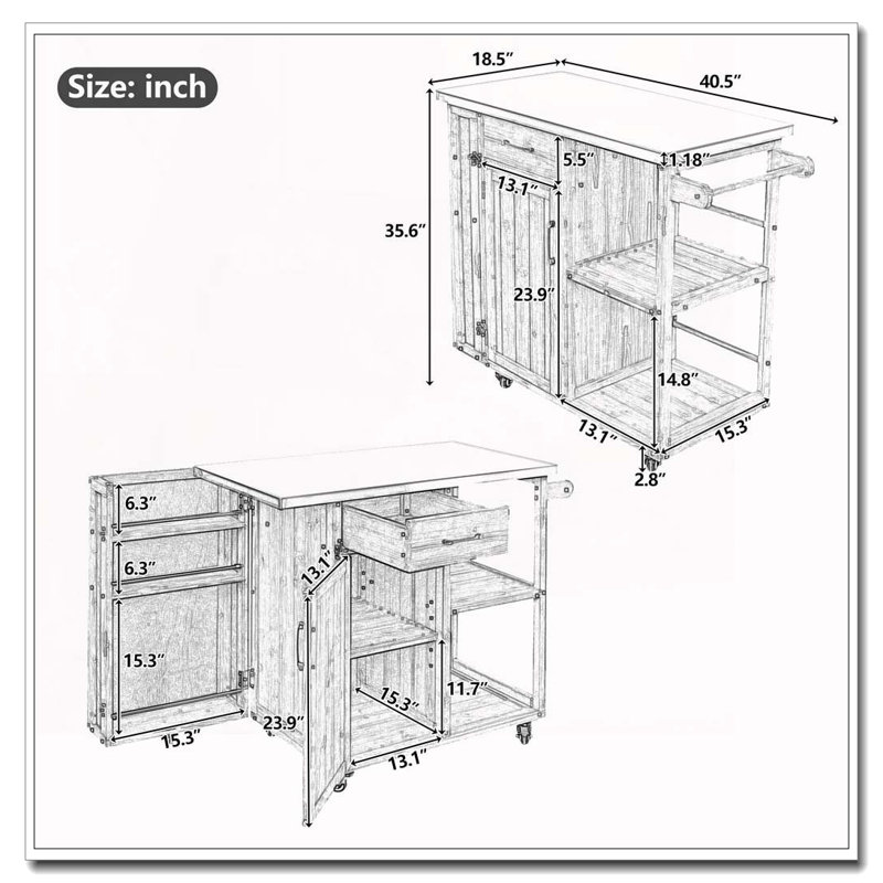 Chariot de cuisine verrouillable pour l'extérieur avec îlot de cuisine, Gris