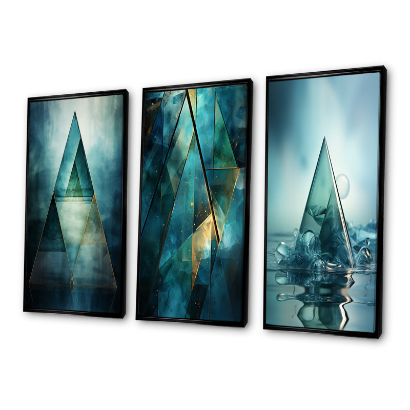 Emerald Blue Pyramid Shapes I - Ensemble de 3 pièces murales abstraites modernes, Cadre flottant noir, H 32 po x l 48 po