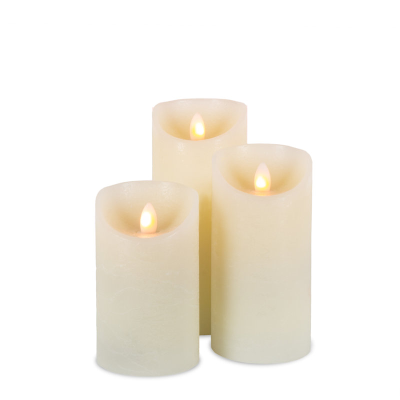 Set of Three 3 Ivory LED Pillar Candles with Aurora® Flame and Remote Control, Bisque