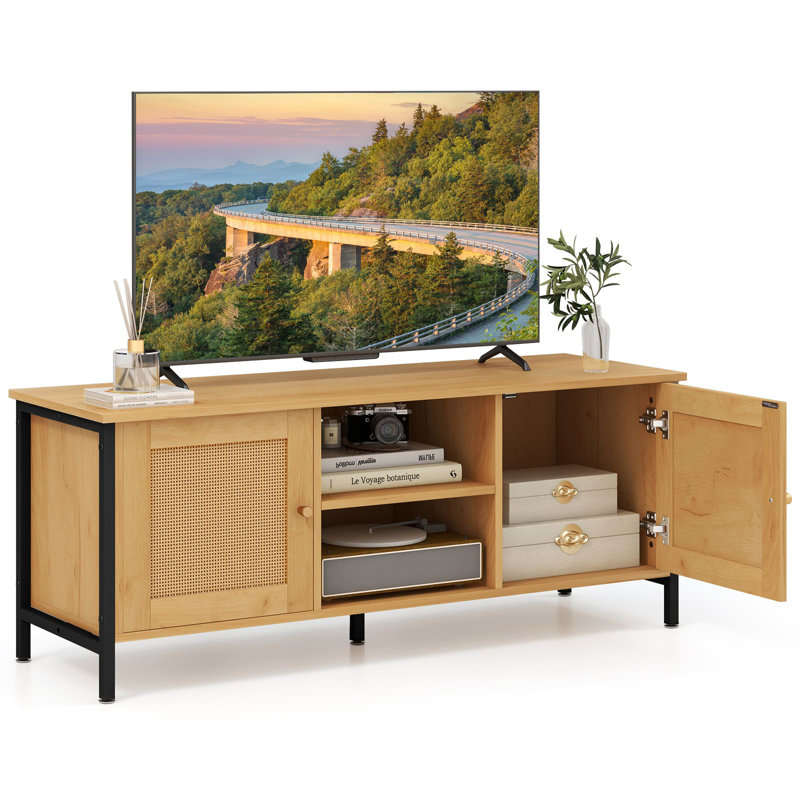 Boho TV Stand For Tvs Up To 55” PE Rattan Media Console Table-, Black/Oak Wood
