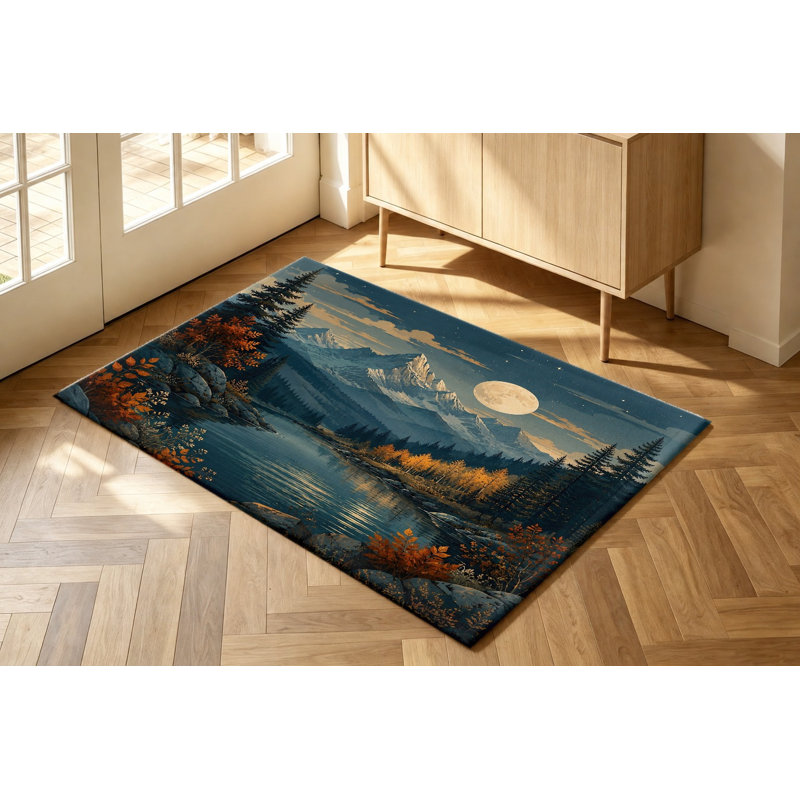 Tapis de paysage de rivière Moonlit Mountain, Rectangle 5 pi 3 po x 3 pi 3 po (160 x 100 cm)