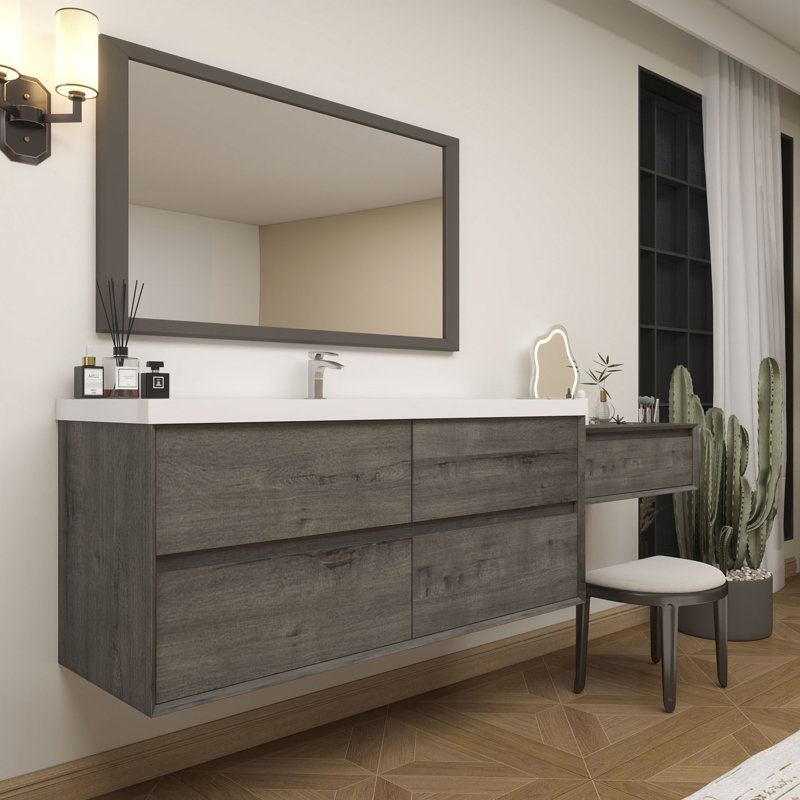 Meuble-lavabo mural 90 po avec chêne en acrylique renforcé Aliki, Chêne fumé