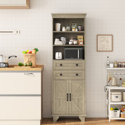 Dornisha 72" H Kitchen Pantry Cabinet With 3 Adjustable Shelves,Kitchen Pantry With 2 Drawers,2 Door And Microwave Stand