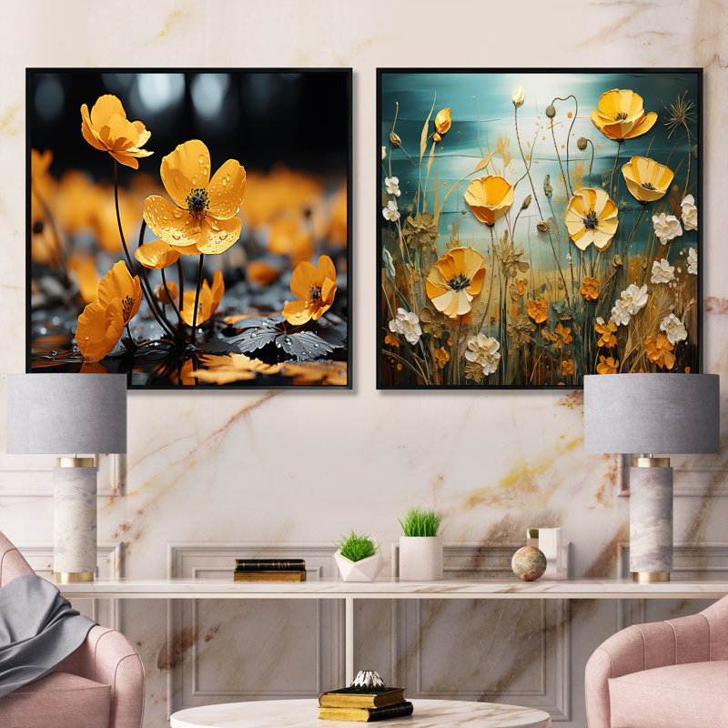 Ensemble de 2 collages carrés jaune et bleu pastel, Cadre flottant noir, H 16 po x l 33 po