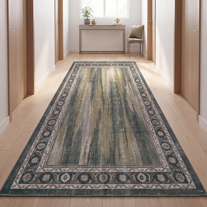Tapis Haverford moderne à l'aspect vieilli, motif aquarelle abstrait vert, gris et blanc, lavable en machine, antidérapant, à poils courts, pour l'intérieur et l'extérieur, adapté aux animaux domestiques, idéal pour le salon, la chambre, la salle à manger, l'entrée, le couloir ou le bureau.