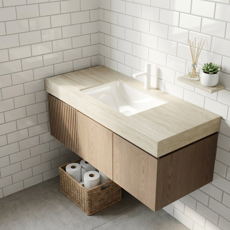 Meuble-lavabo flottant de 48 po avec lavabo, armoire de rangement en contreplaqué avec tiroir et portes, comptoir en pierre à motif de travertin et lavabo en céramique, pré-assemblé pour une installation facile