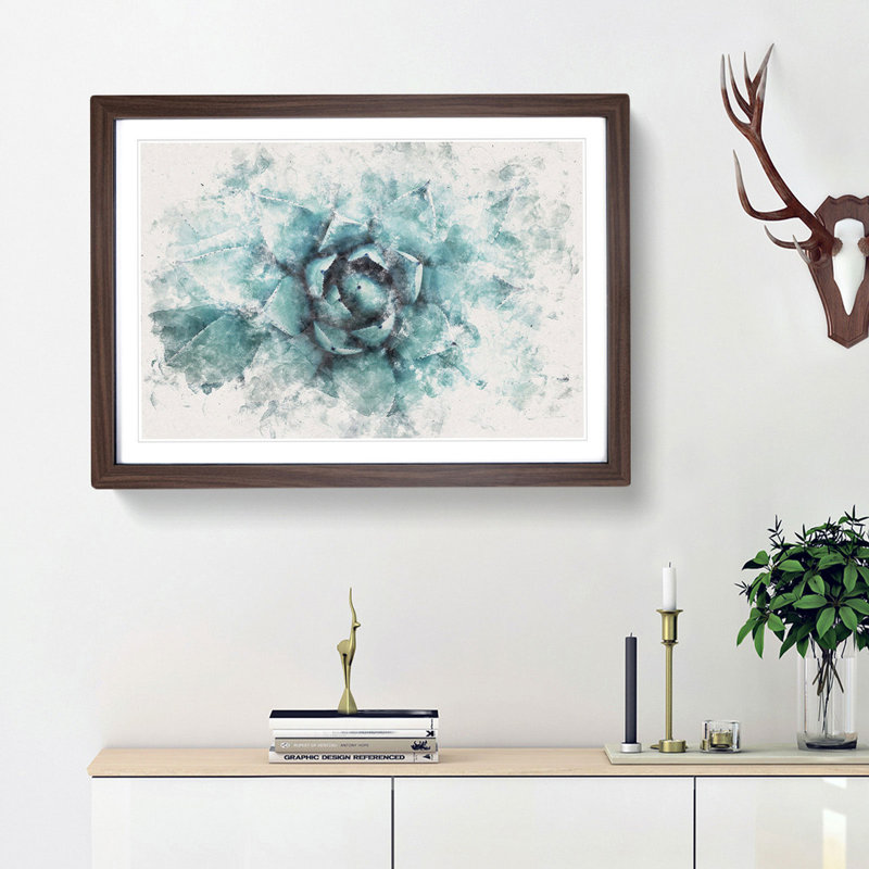 Centre of a Green Succulent Plant - Picture Frame Painting Print, 62cm H x 87cm W x 2cm D, Walnut Framed