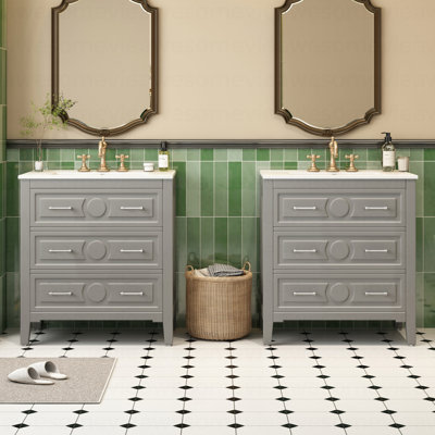 60'' Bathroom Vanity Set With Ceramic Sink (Separate), Free Standing Single Vanity Set With 3 Drawers, Solid Wood Frame Bathroom Storage Cabinet, Grey