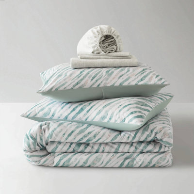 Ensemble de couette rayée 7 pièces en microfibre verte toutes saisons, format Queen