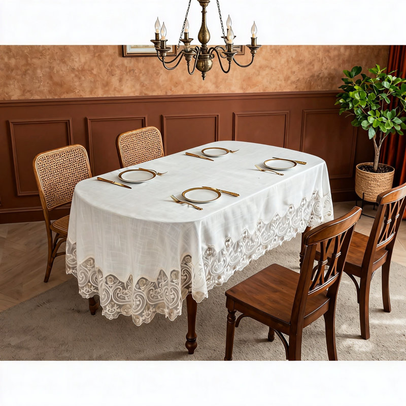 Lace rectangular tablecloth, clear embroidered kitchen holiday decoration fabric, 52 x 70 inches (Beige, oval shape)