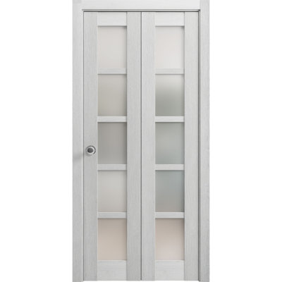Portes coulissantes pliantes pour garde-robe 28 x 96 Quadro 4002 Chêne gris pâle avec verre dépoli, rails robustes, moulures, garnitures, quincaillerie, bois massif, portes de placard de chambre