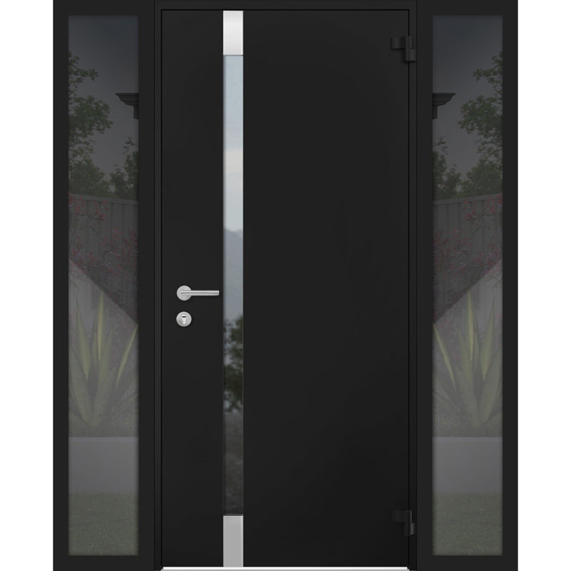 Porte d'entrée extérieure prémontée en acier Cynex 6777 noire, avec 2 fenêtres latérales et supérieures, inserts en acier inoxydable, style moderne, peinte, dimensions : L 12 + 32 + 12 x H 80 + 16, ouverture à gauche vers l'intérieur.