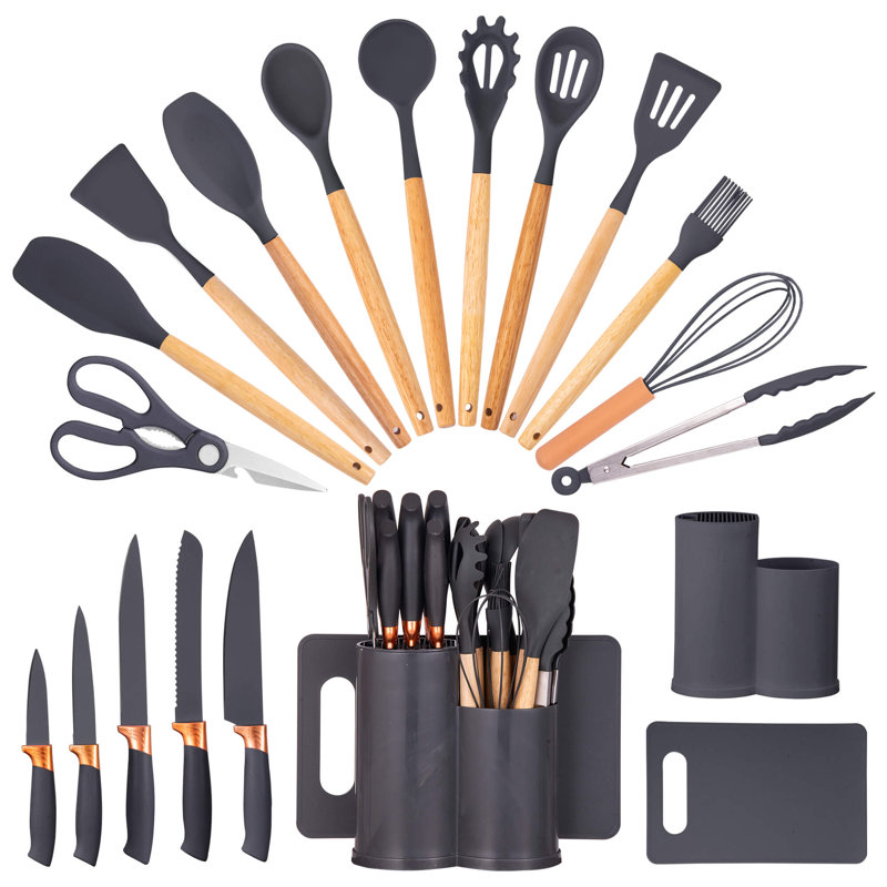 Ensemble d'ustensiles de cuisine en silicone 19 pièces, résistant à la chaleur, antiadhésif, facile à nettoyer, Gris