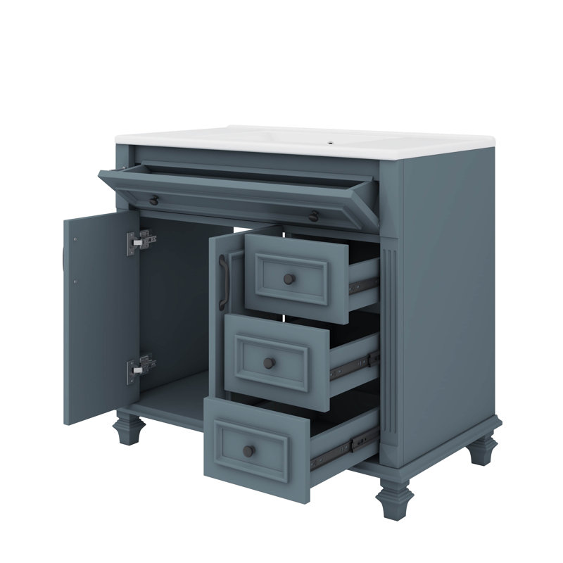 Meuble-lavabo de 36 pouces avec meuble-lavabo avec tiroir escamotable et 3 tiroirs, Bleu gris