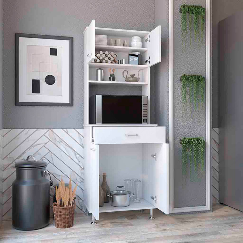 Armoire garde-manger H 67 po, quatre portes, un tiroir, trois tablettes internes, 2 tablettes de rangement externes, option de rangement pour micro-ondes, quatre pieds, blanc