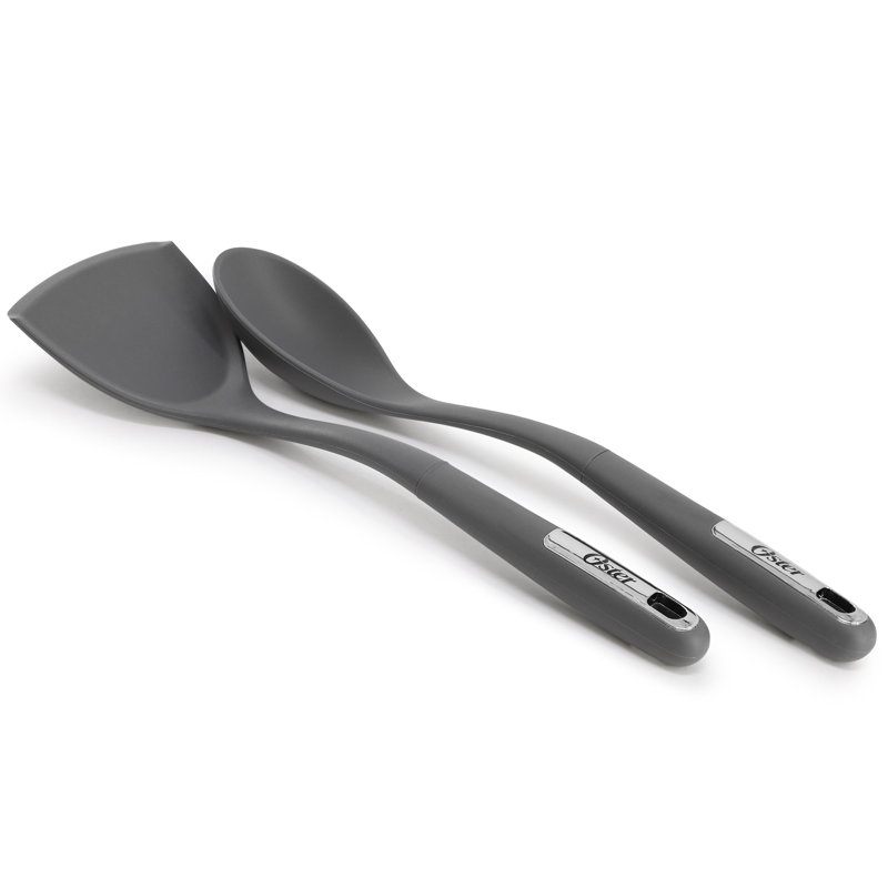 Oster Ridgecrest 2 Piece Silicone Kitchen Tool Serving Spoon and Turner Set in Gray