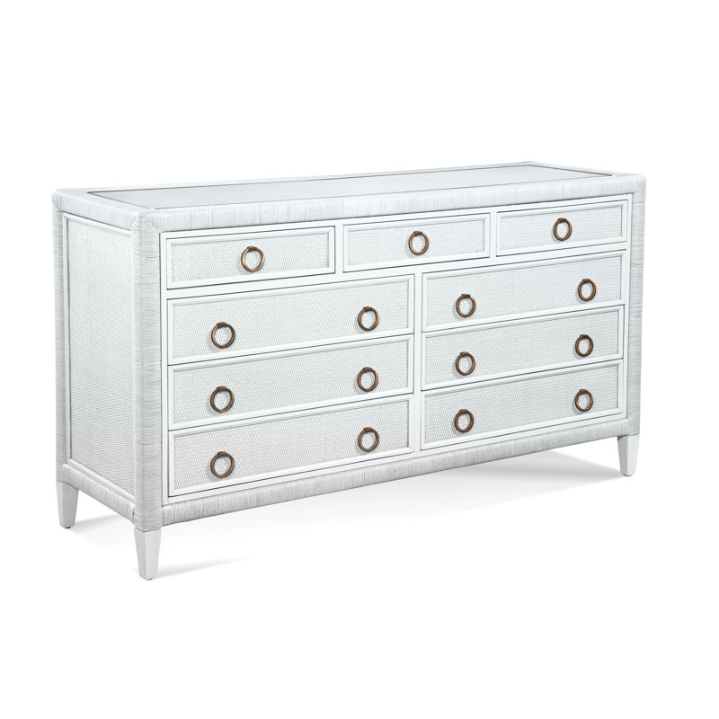 Commode 9 tiroirs Warwick, Blanc givré, Nickel satiné