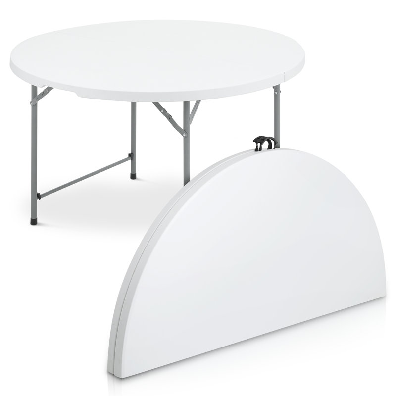 Round Foldable Plastic Table Collapsible Circular Steel Frame with Carry Handle, 29.5" H x 48" L x 48" D, White