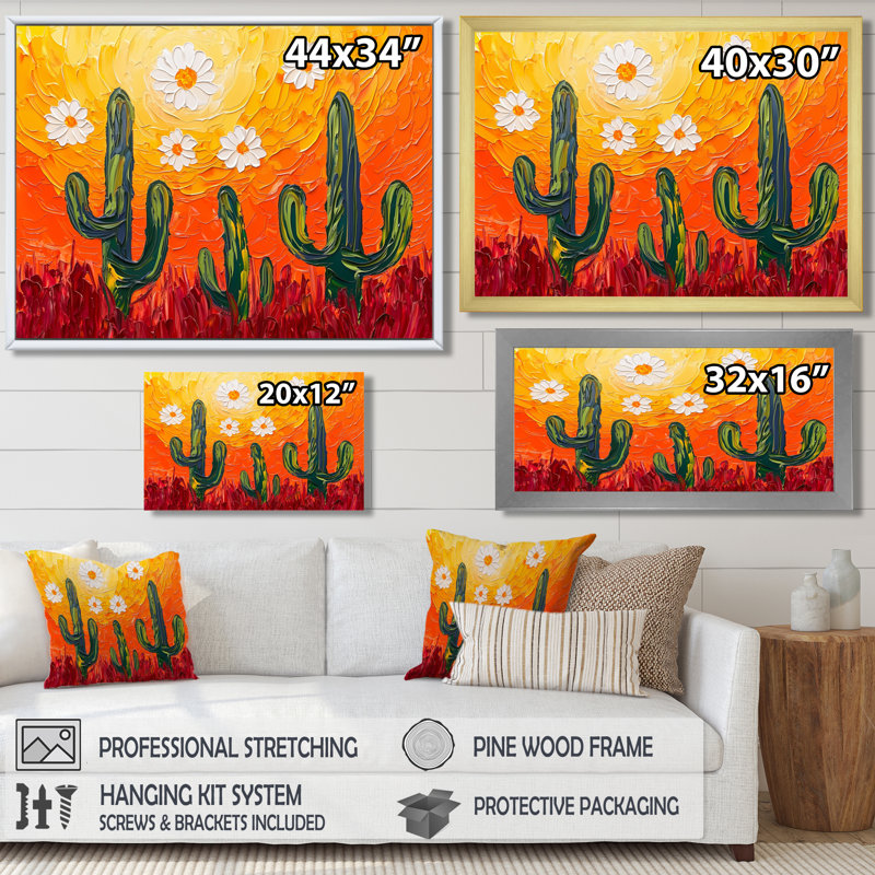 Joshua Tree Cactus Sunset Hues - Art mural imprimé cactus floral, H 24 po x l 32 po, Wrapped Canvas, Ne s’applique pas