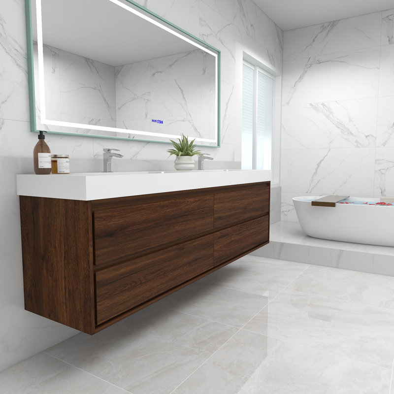 Base de meuble-lavabo mural 84 po Moreno avec plateau en acrylique renforcé Moreno, Bois de rose