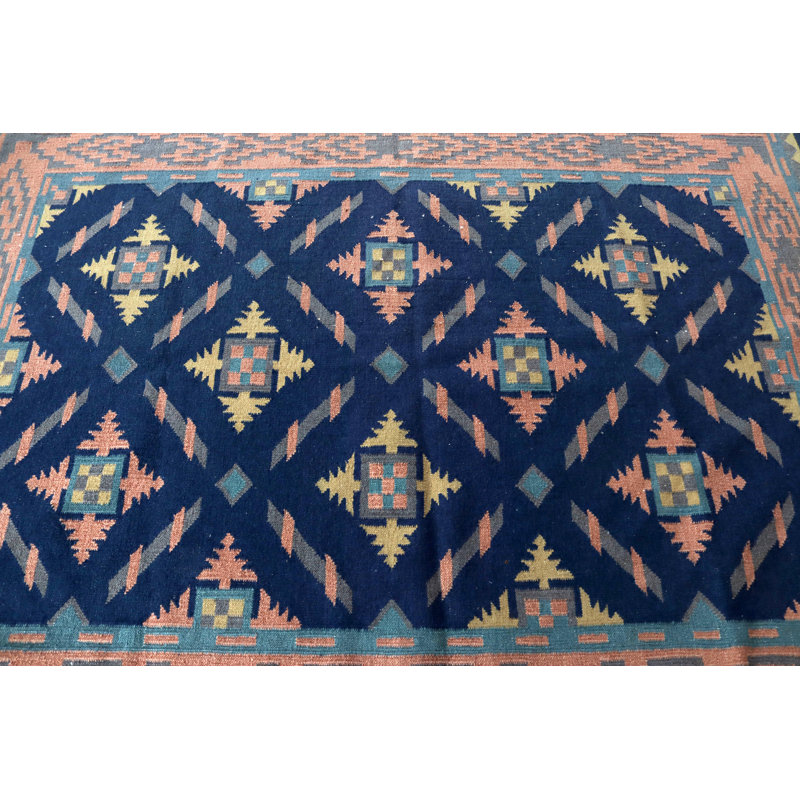 Grand tapis kilim turc rétro en laine géométrique bleue pour le salon et la décoration intérieure