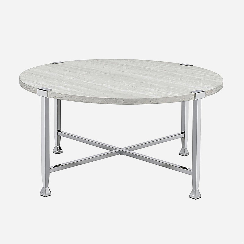 Table basse ronde avec cadre en métal, chêne blanc et chrome