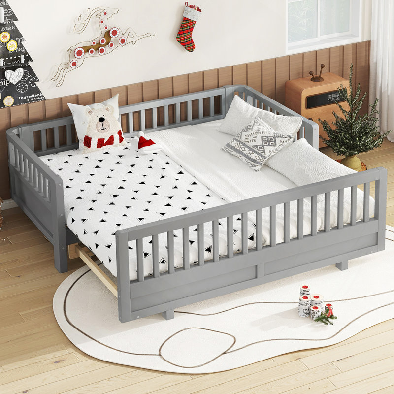 Lit plateforme avec garde-corps, structure de lit en bois massif, peut être converti en lit plateforme double, Gris
