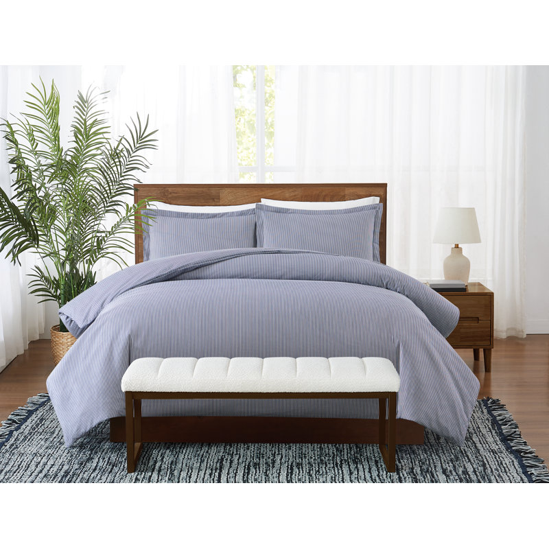 Ensemble d'édredon Brooklyn Loom Pinstripe, Édredon pour lit simple + 1 taie décorative stan, Blanc / Bleu marine
