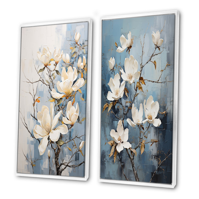 Ensemble de 2 décorations murales bleues et blanches Magnolias, Cadre blanc, H 32 po x l 33 po