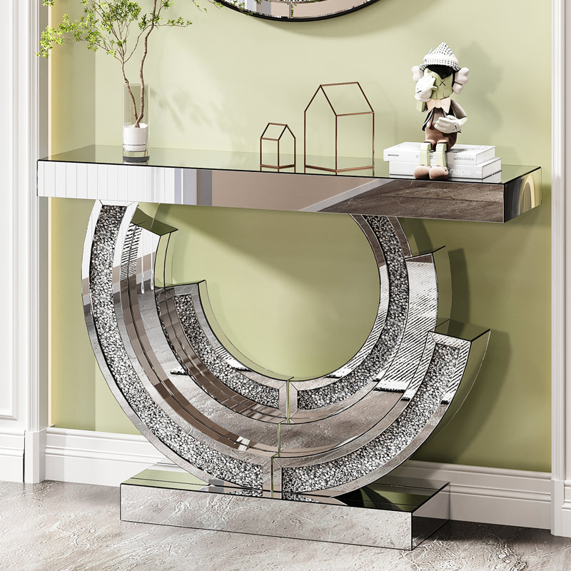 Console moderne en forme de diamant 3c pour hôtel, reflet de miroirs argentés, base en spirale unique avec diamant concassé, espace de vie principal en miroir, miroirs de haute qualité,