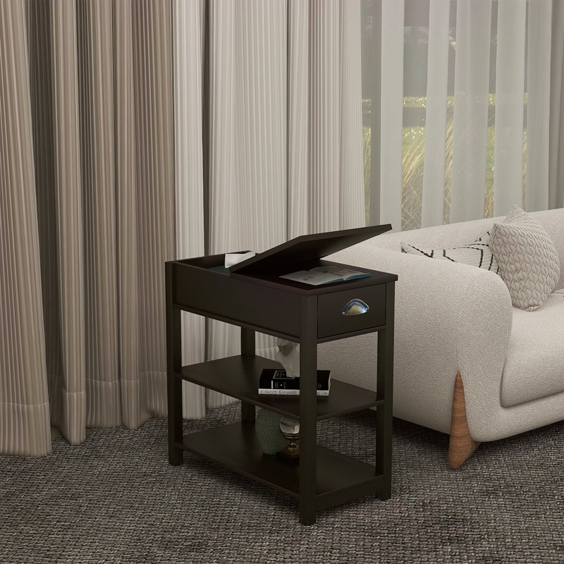 Narrow Sided Table With Drawers And Bottom Partition In Flip Over Design, Brown