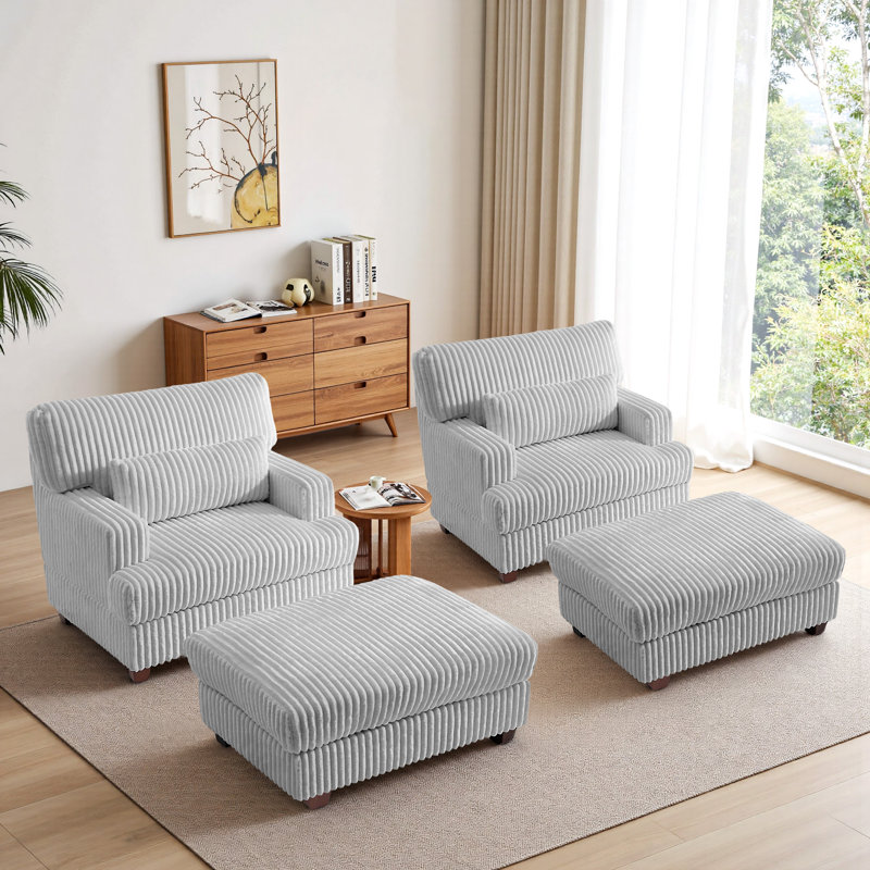 Modern Chaise Lounge Chair With Movable Ottoman And Pillow(Set Of 2), Grey