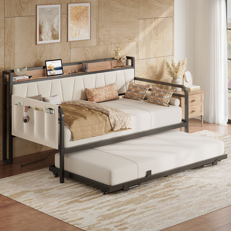 Bed Frame With Storage Headboard And Charging Station, Beige, Lit simple