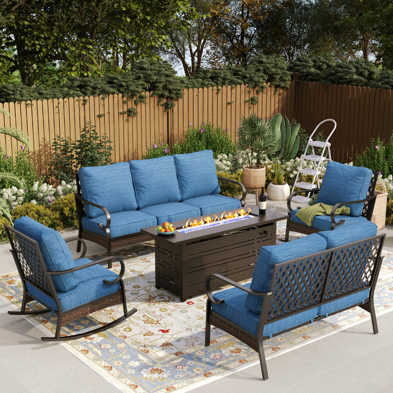 7 Person Outdoor Patio Conversation Set With Fire Pit Table, Rocking Lounge Chairs, & Loveseat, Black/Peacock Blue/Black